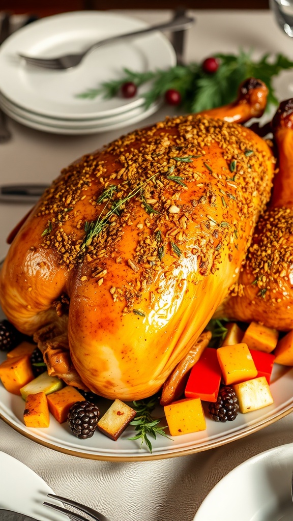 A roasted turkey with nut crust, garnished with herbs, on a festive table.